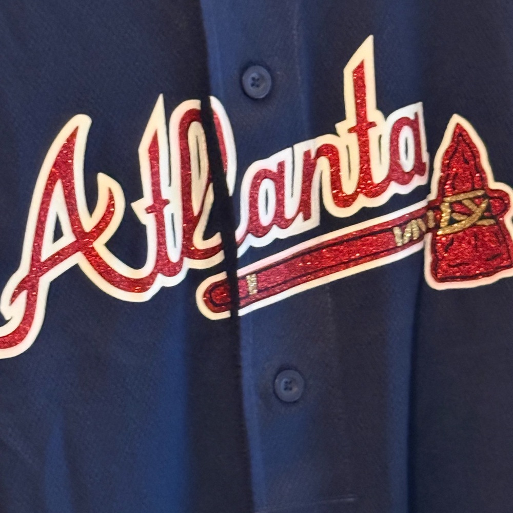 Atlanta Script Baseball Jersey in Navy with Red Glitter Logo